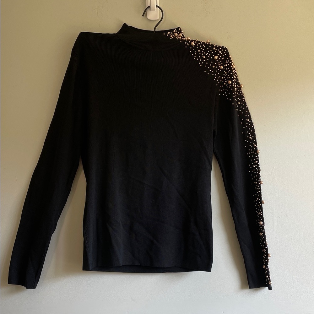 Elegant Black Embellished Long Sleeve Top